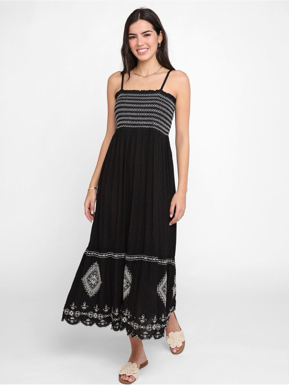 NWOT Devoted Embroidered Smocked Maxi Dress, Sz XL black
